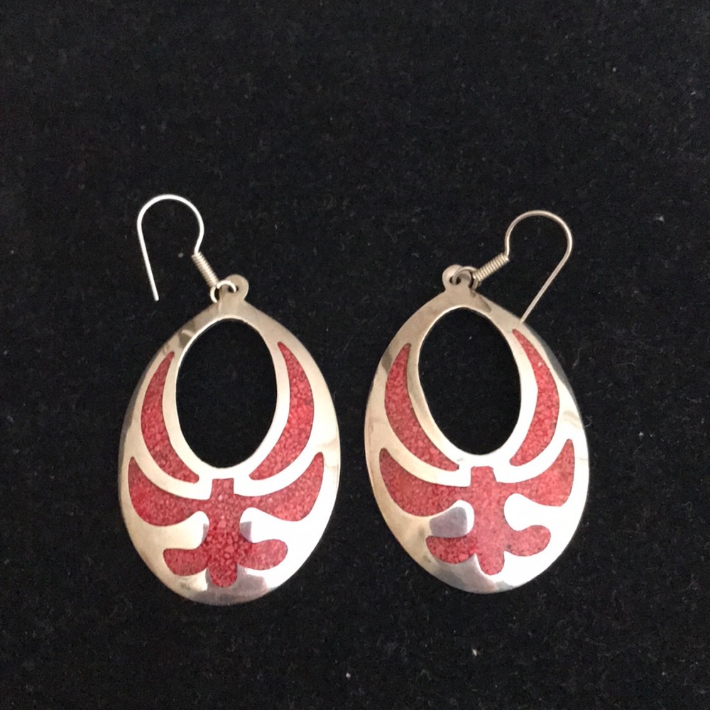 Signed SS Earrings w/Red Coral Mosaic Inlay